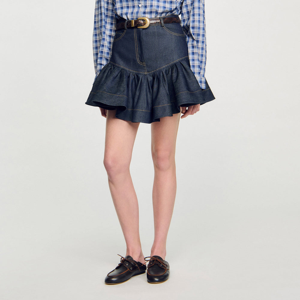 Mini denim ruffled skirt Deep Blue Sandro Women