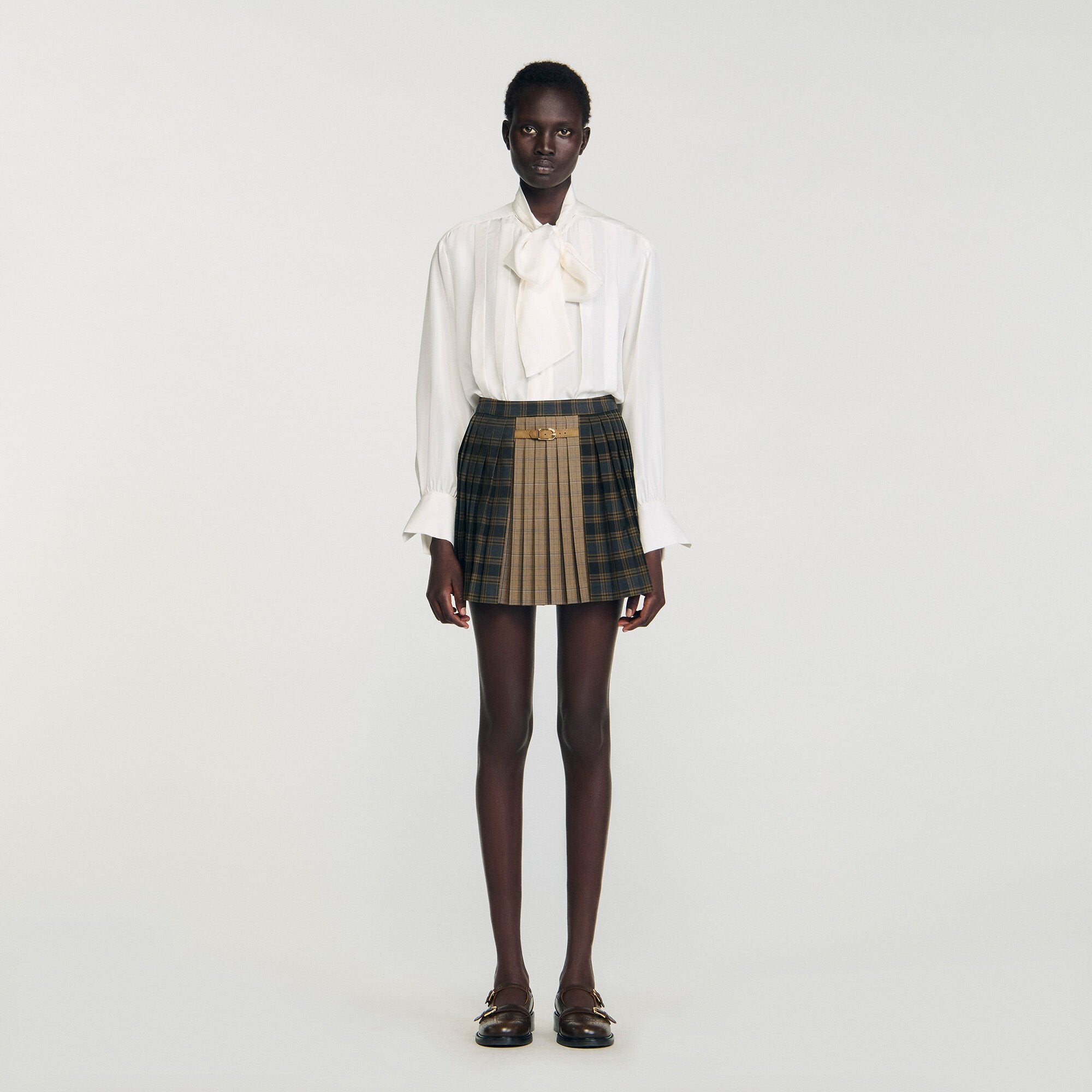 Mini checked pleated skirt Ocher / Blue Sandro Women