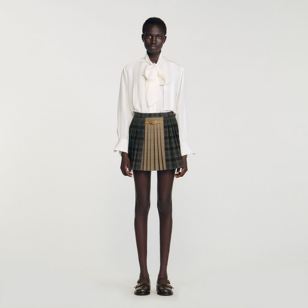 Mini checked pleated skirt Ocher / Blue Sandro Women