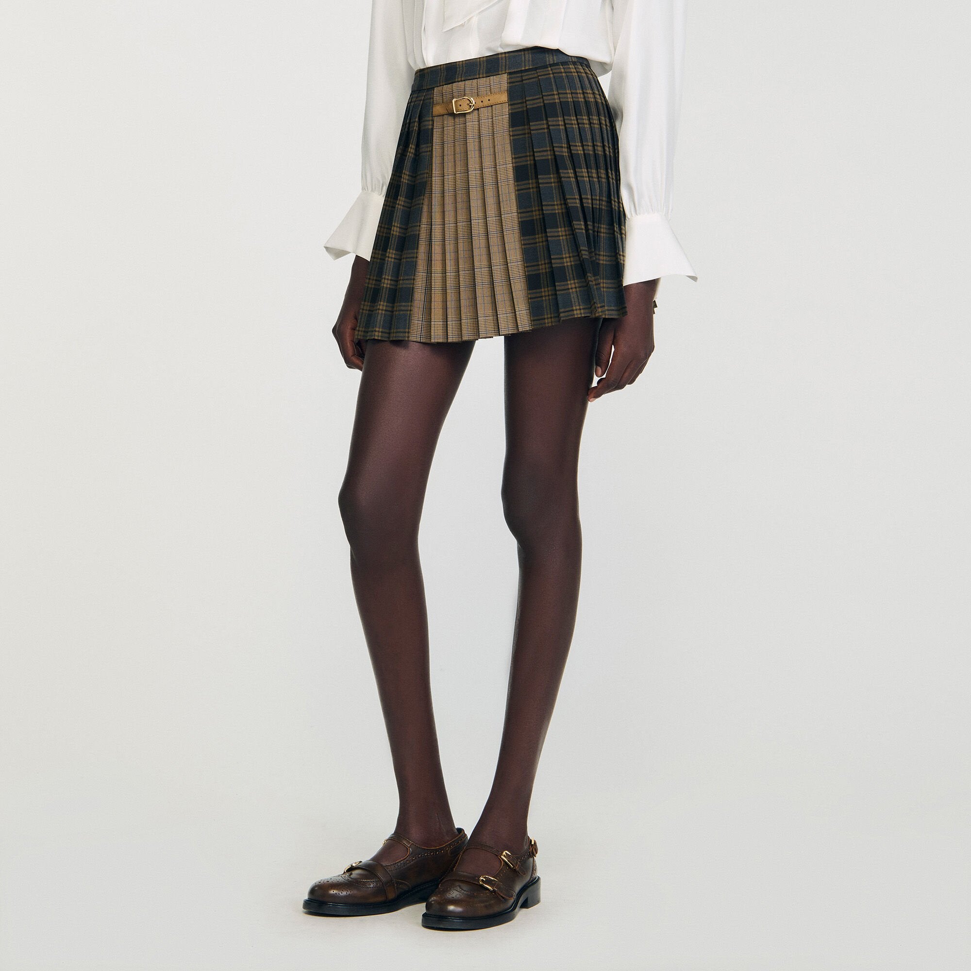 Mini checked pleated skirt Ocher / Blue Sandro Women