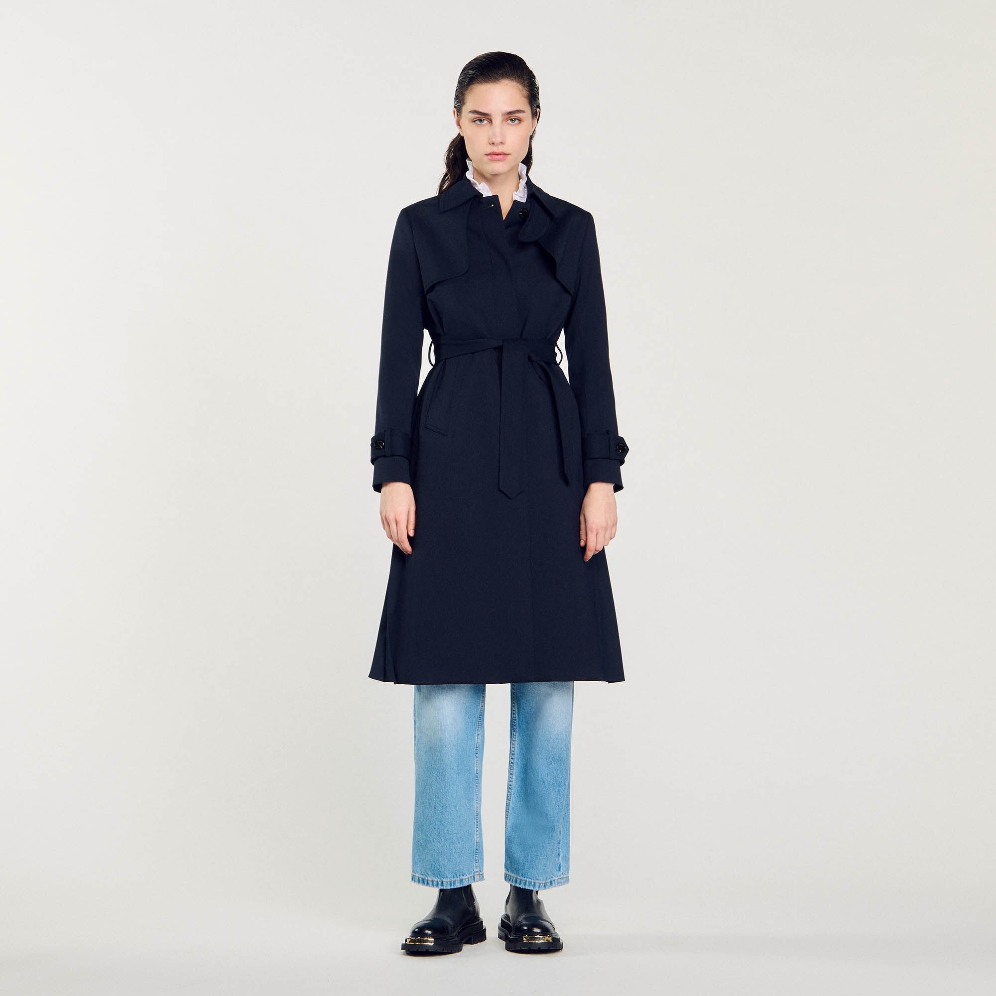 Trench coat with pleated inset Navy Blue Sandro Women