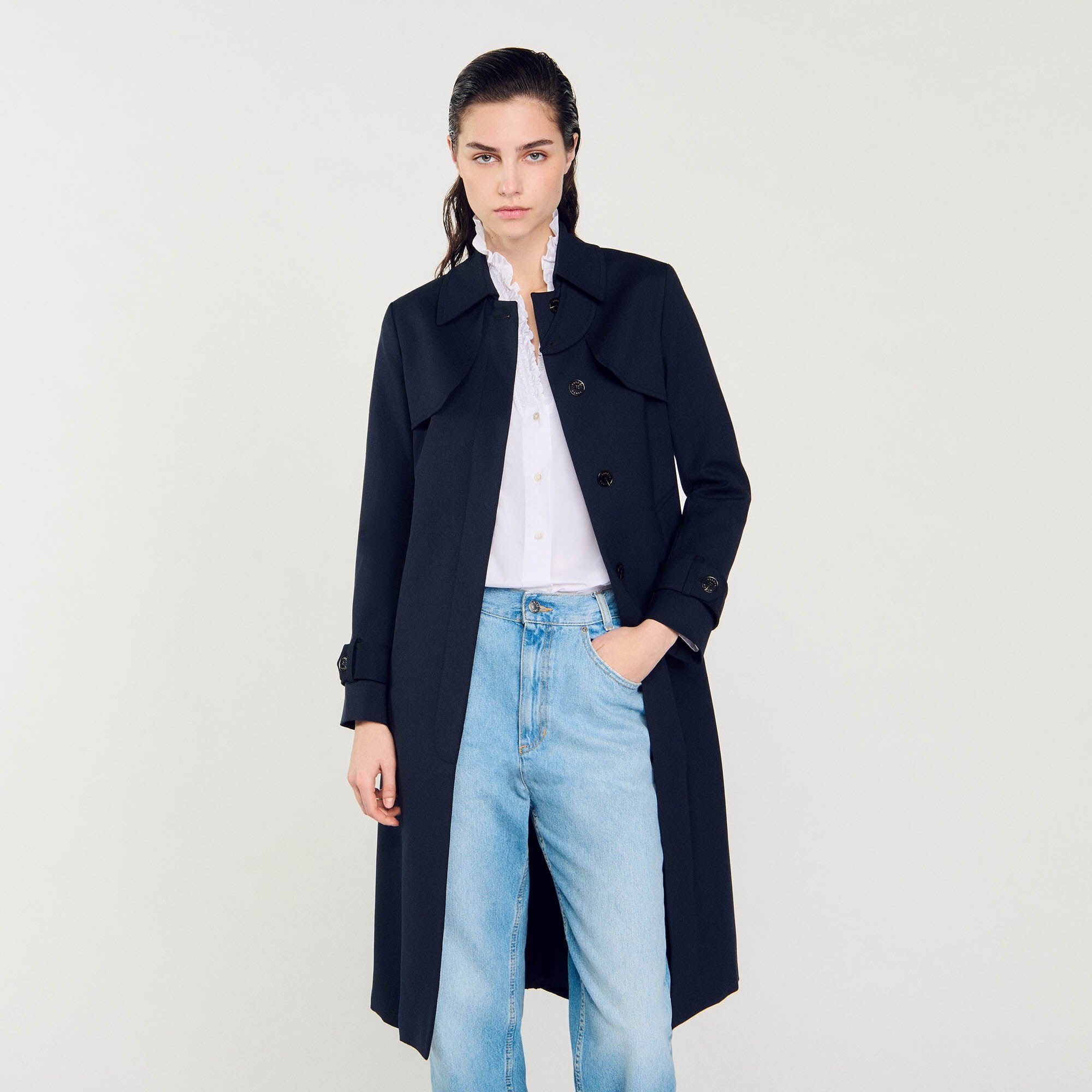 Trench coat with pleated inset Navy Blue Sandro Women