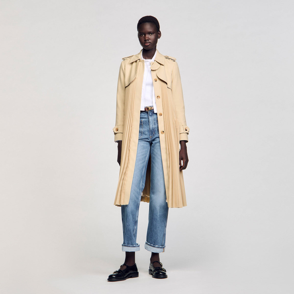 Pleated trench coat with belt Beige Sandro Women