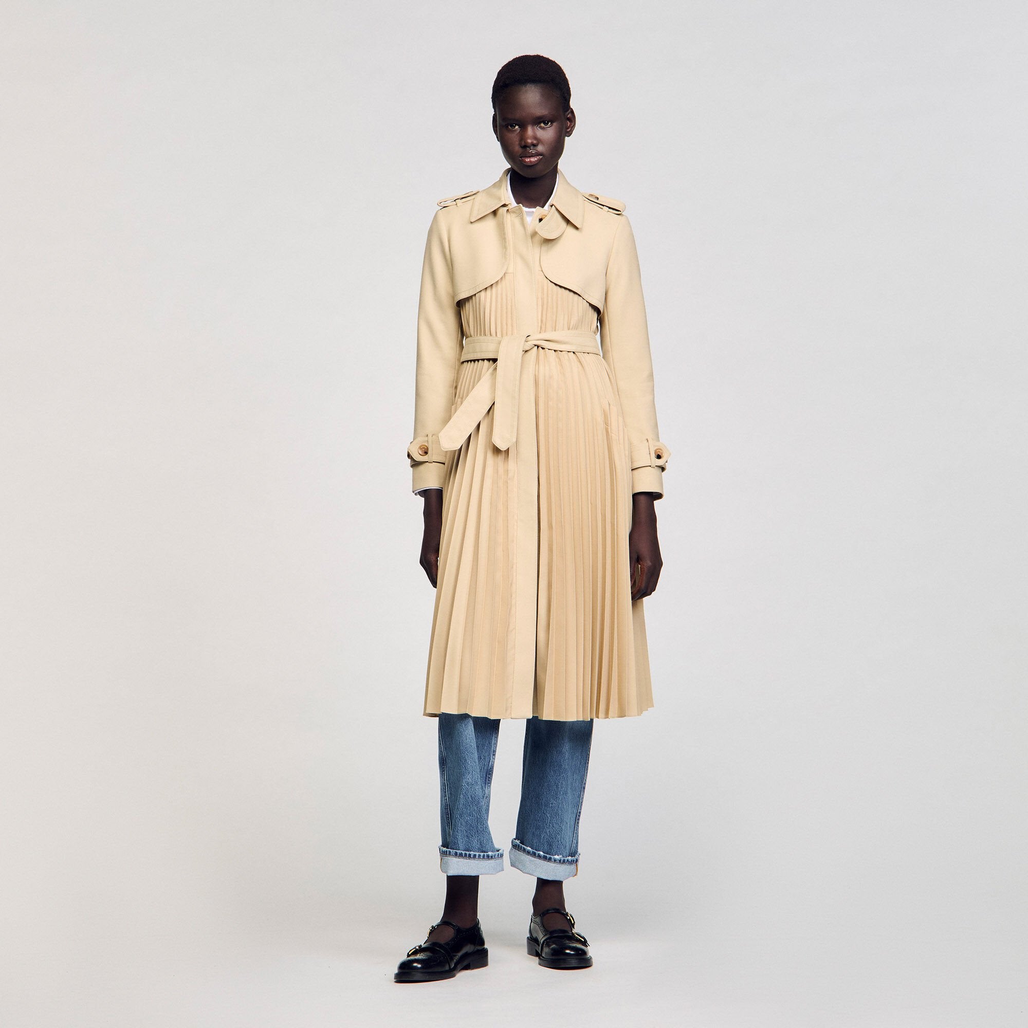 Pleated trench coat with belt Beige Sandro Women
