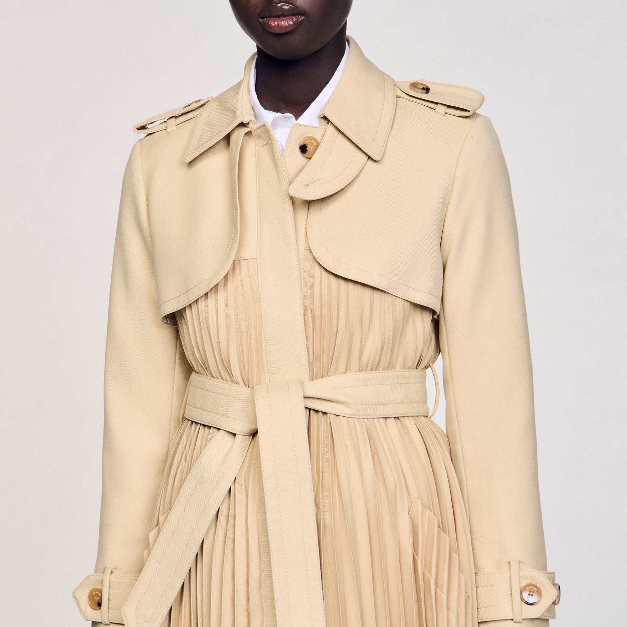 Pleated trench coat with belt Beige Sandro Women