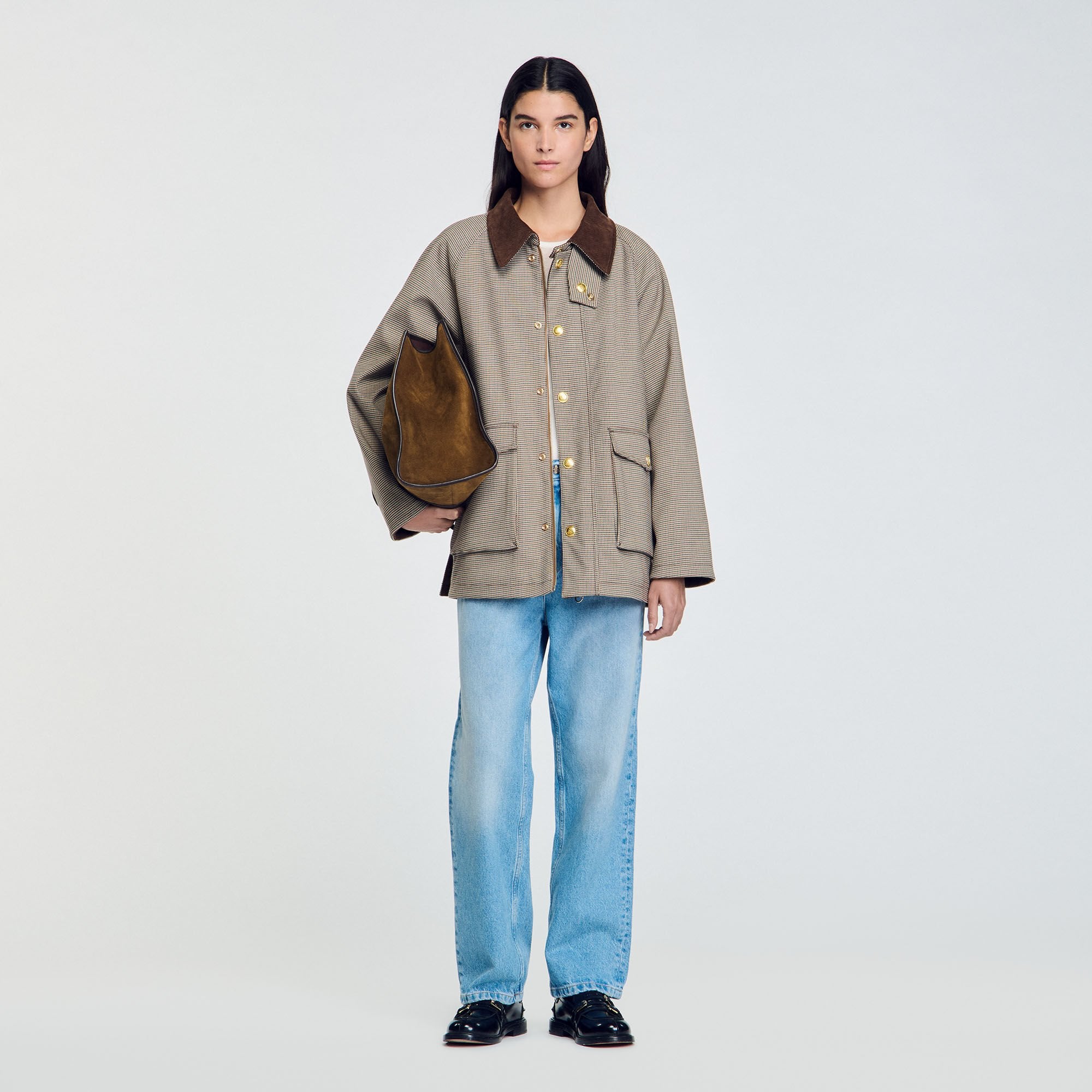 Check coat with velvet collar Brown Sandro Women