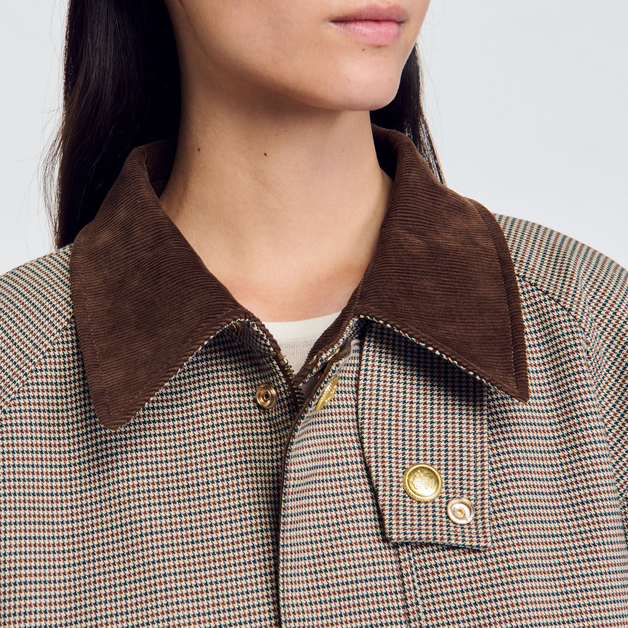 Check coat with velvet collar Brown Sandro Women