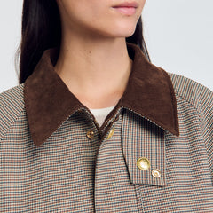 Check coat with velvet collar Brown Sandro Women