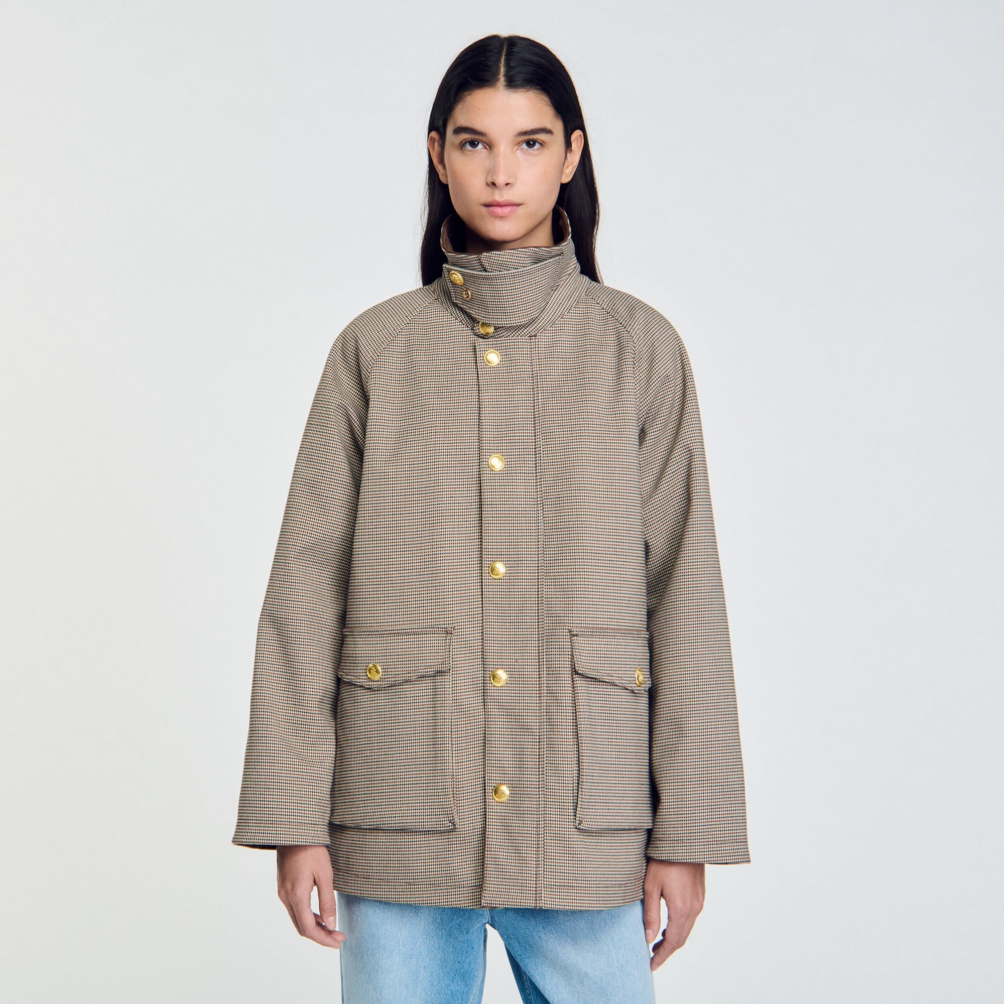 Check coat with velvet collar Brown Sandro Women
