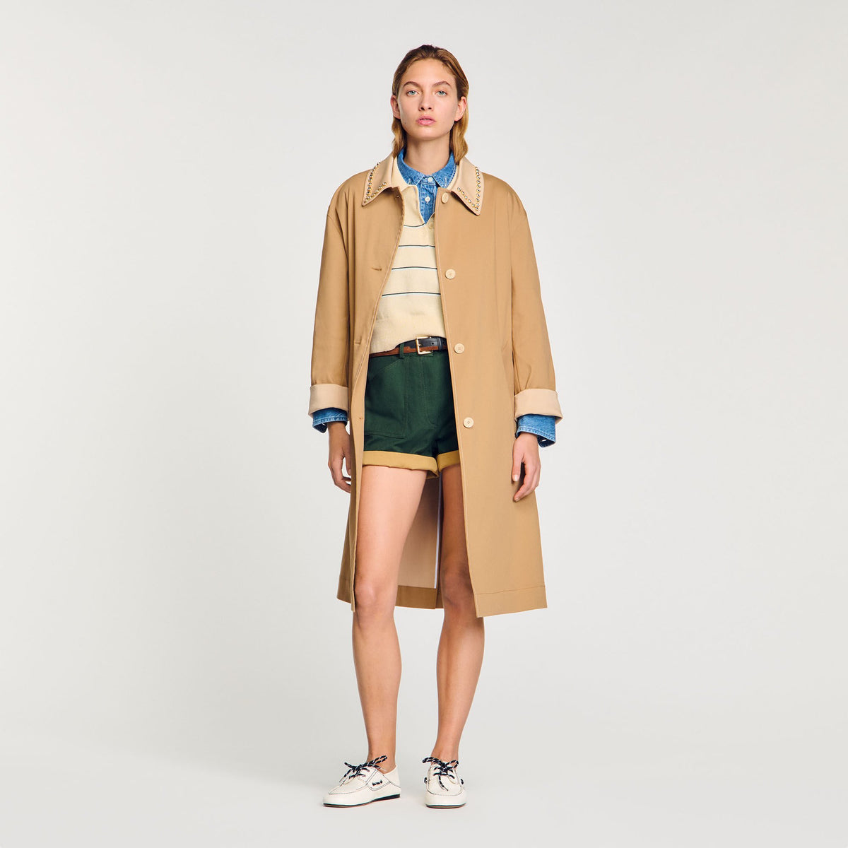 Trench coat with rhinestone collar Camel Sandro Women