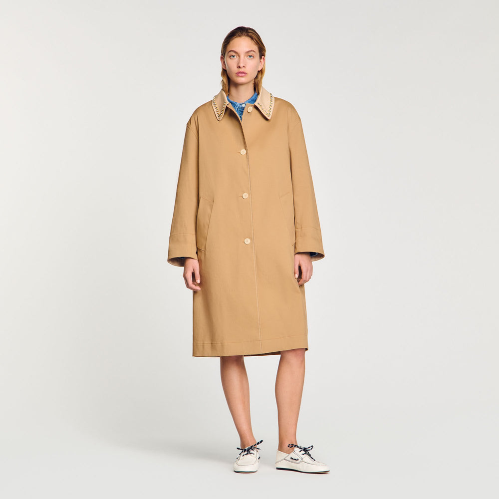 Trench coat with rhinestone collar Camel Sandro Women