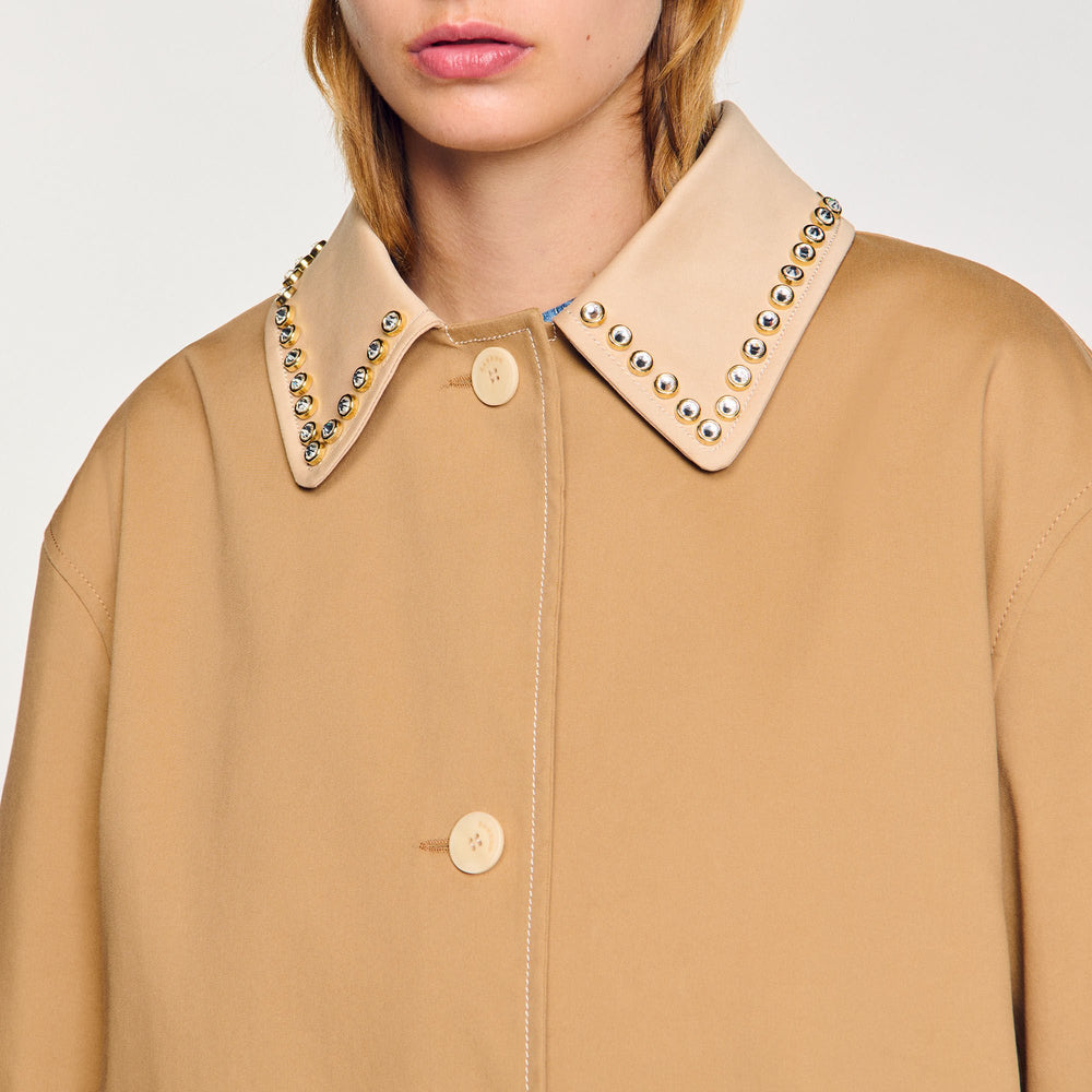 Trench coat with rhinestone collar Camel Sandro Women