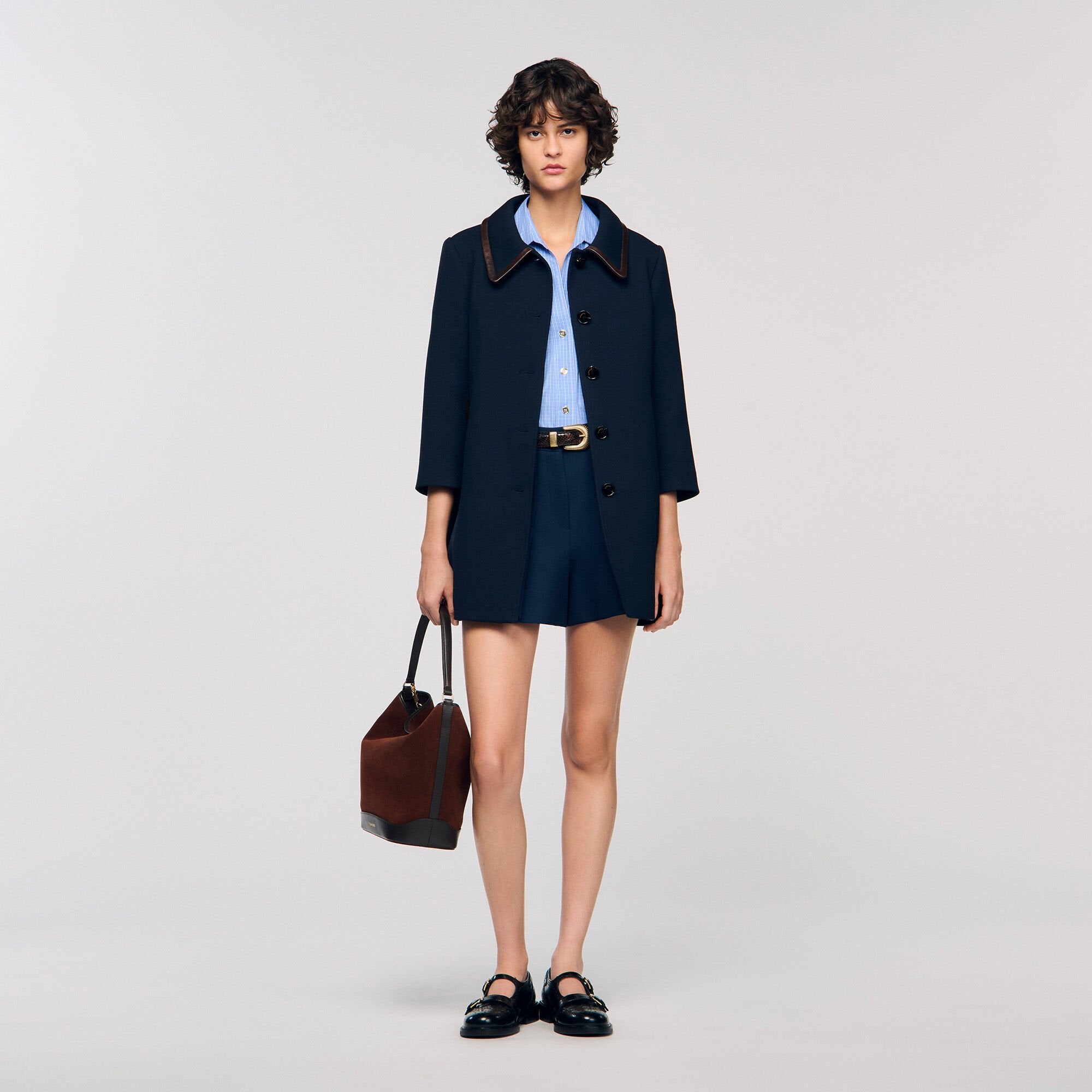 Coat with leather stripes Navy Blue Sandro Women