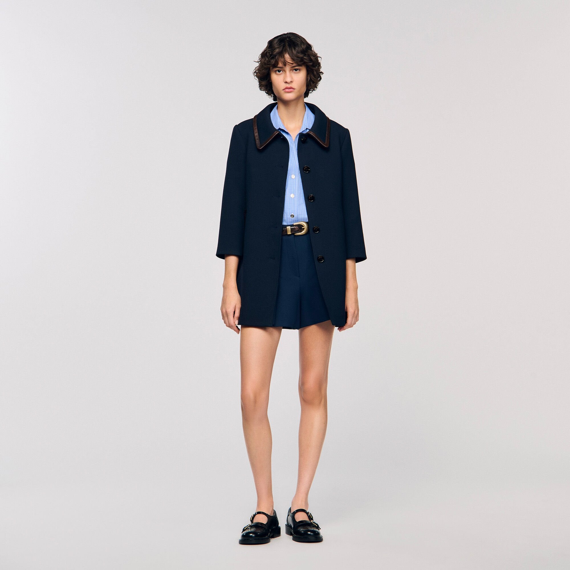 Coat with leather stripes Navy Blue Sandro Women