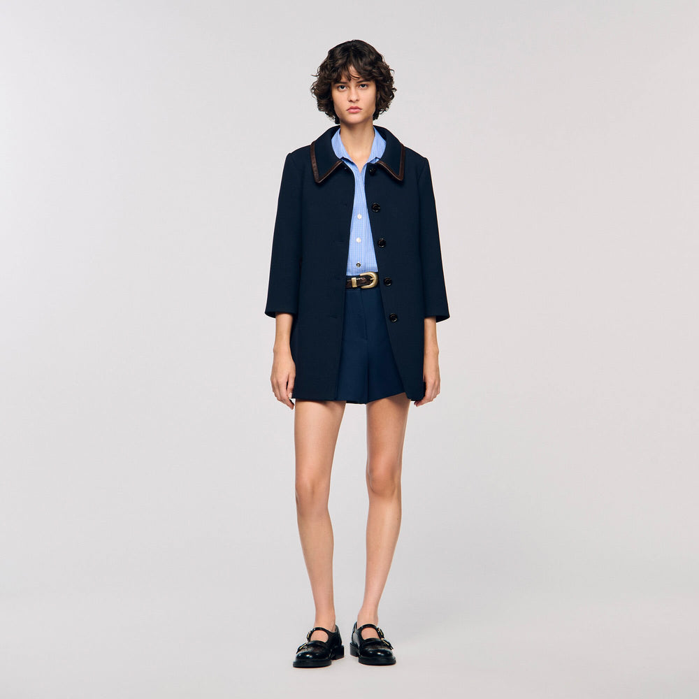 Coat with leather stripes Navy Blue Sandro Women
