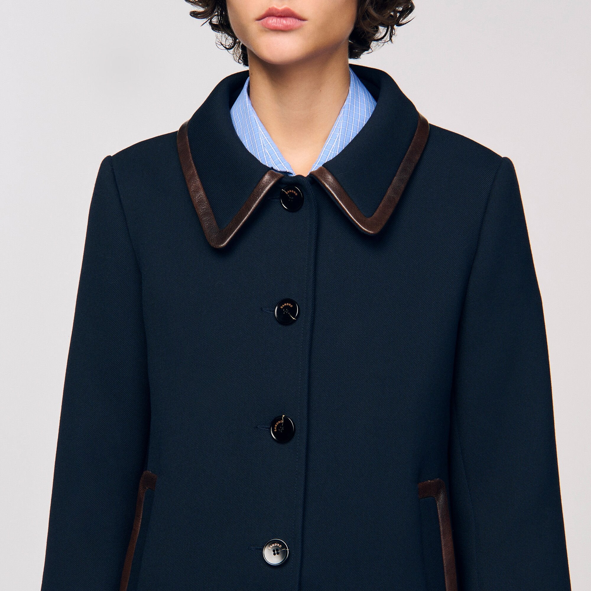 Coat with leather stripes Navy Blue Sandro Women
