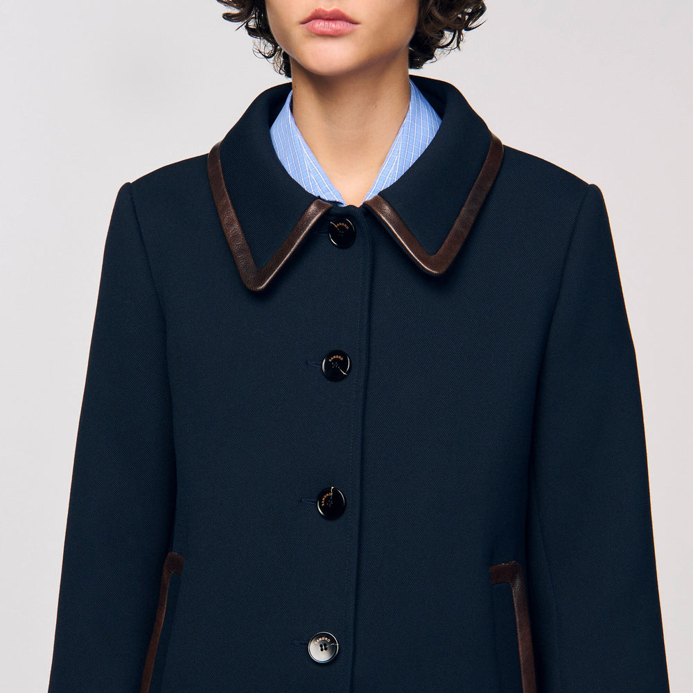 Coat with leather stripes Navy Blue Sandro Women