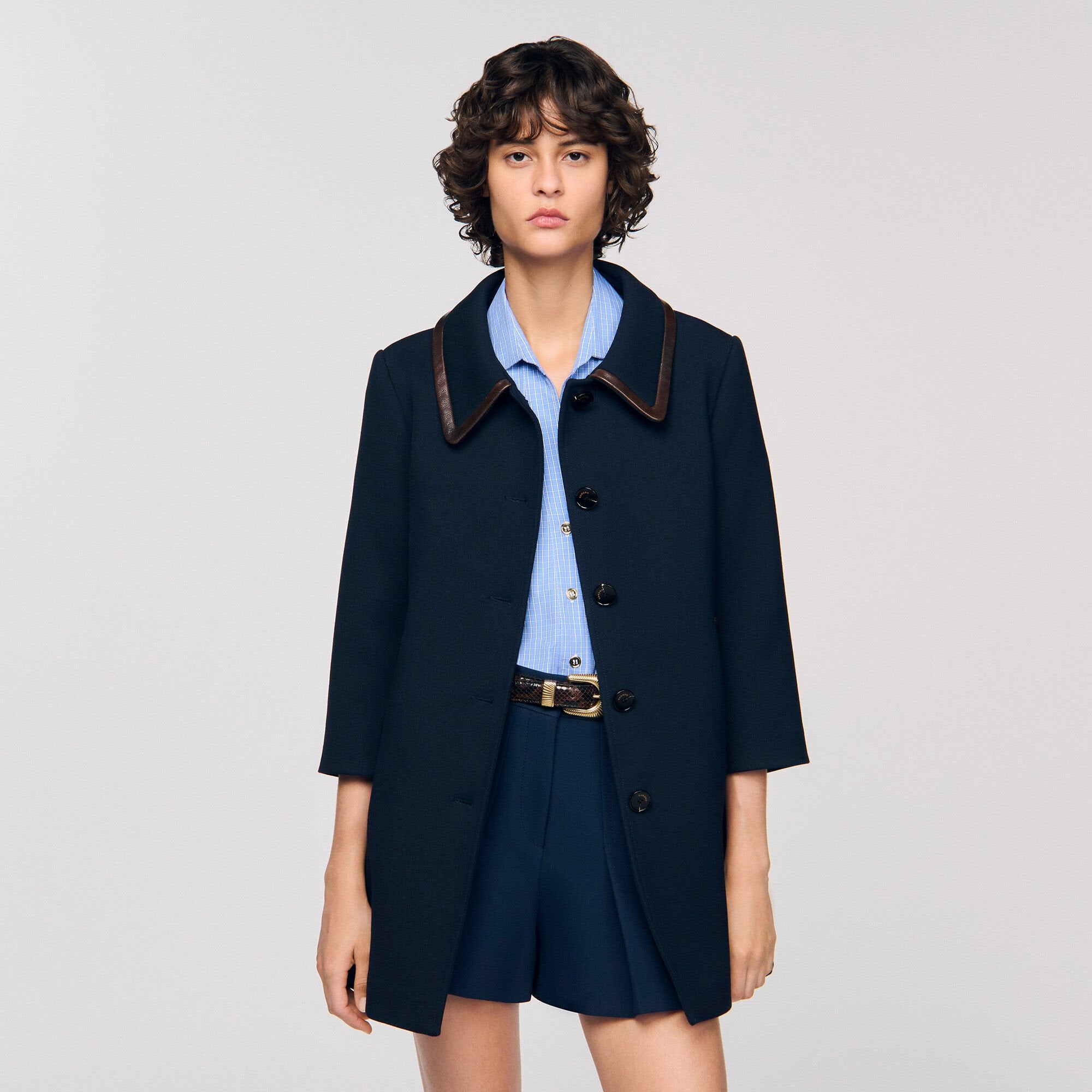 Coat with leather stripes Navy Blue Sandro Women