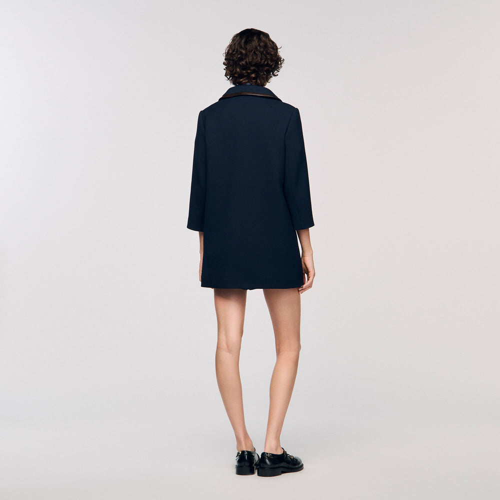 Coat with leather stripes Navy Blue Sandro Women