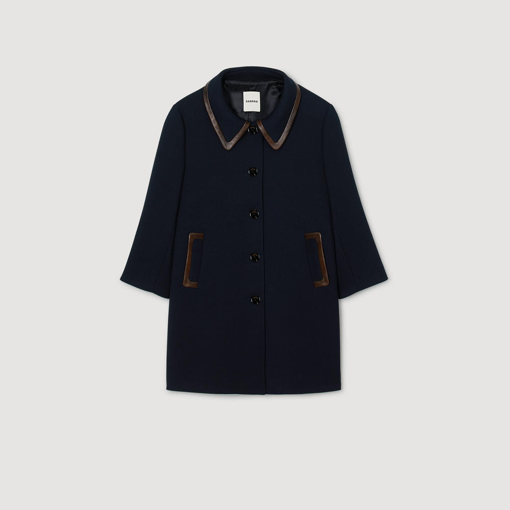 Coat with leather stripes Navy Blue Sandro Women
