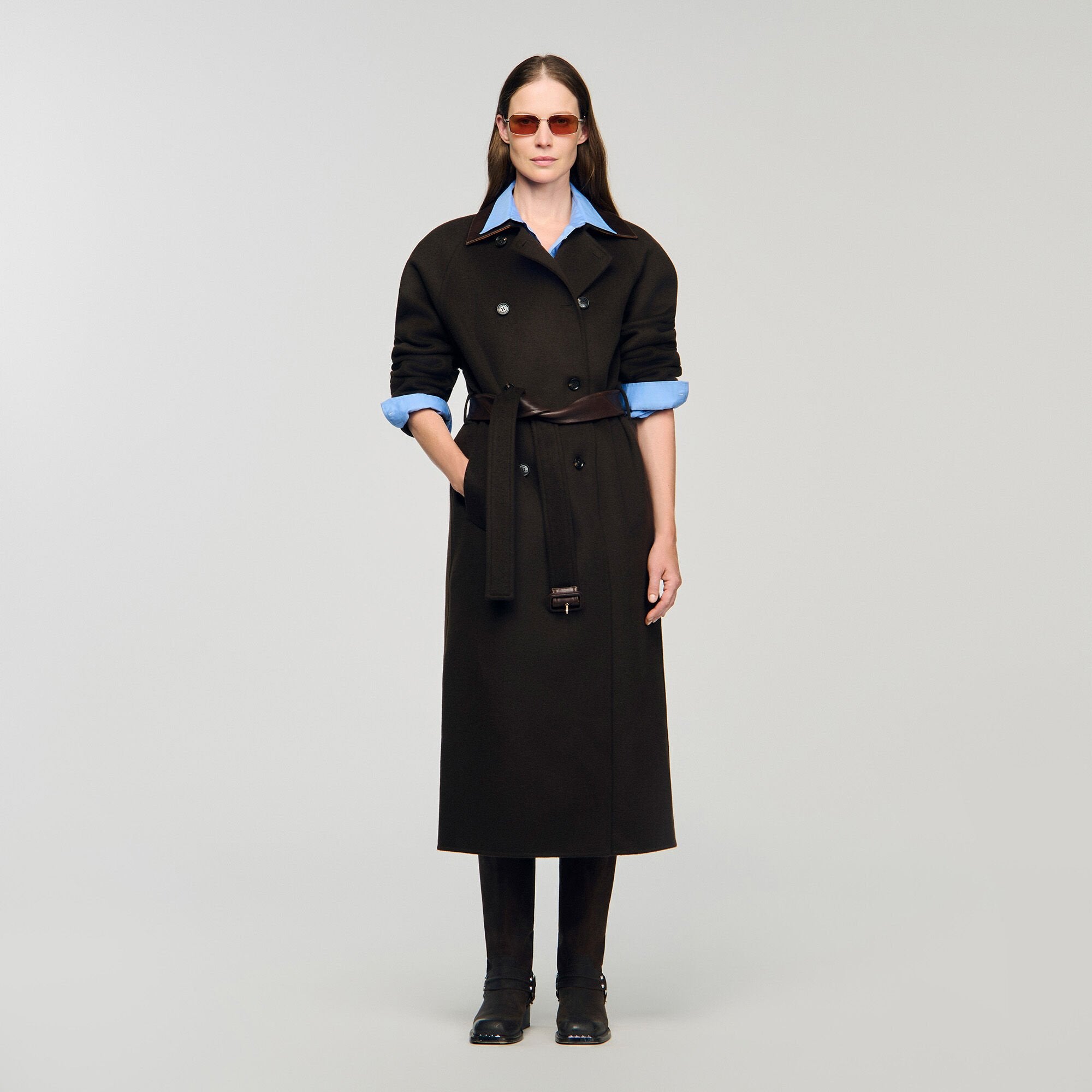 Long wool and leather coat Brown Sandro Women