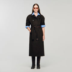 Long wool and leather coat Brown Sandro Women