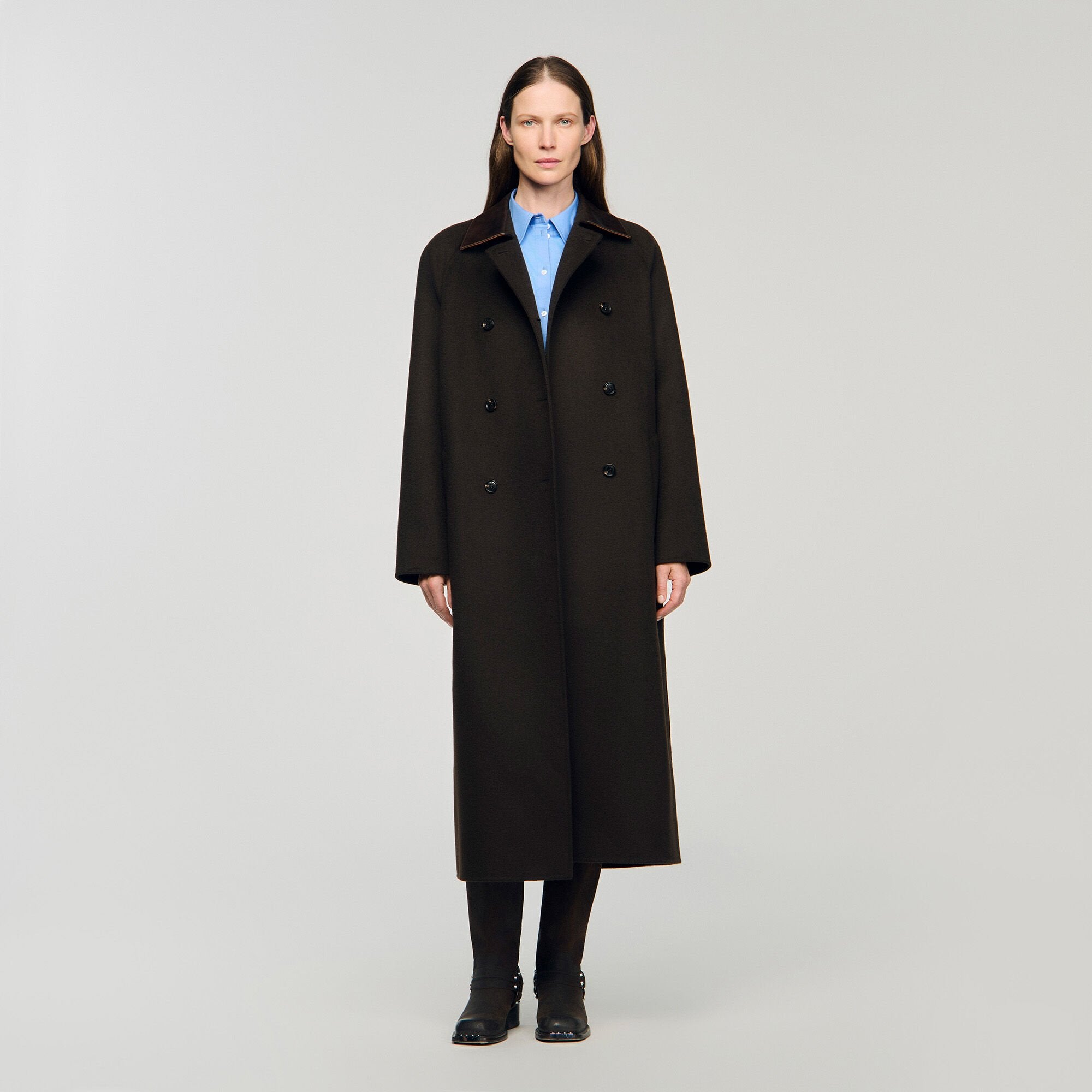 Long wool and leather coat Brown Sandro Women