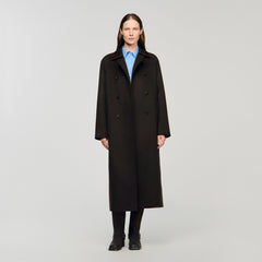 Long wool and leather coat Brown Sandro Women