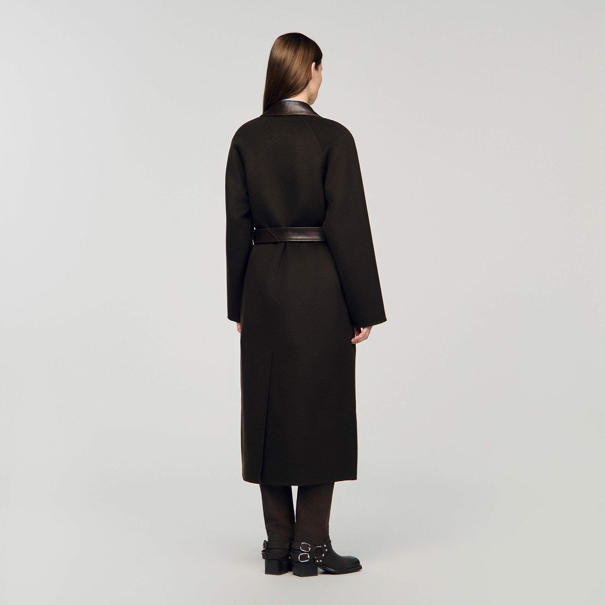 Long wool and leather coat Brown Sandro Women