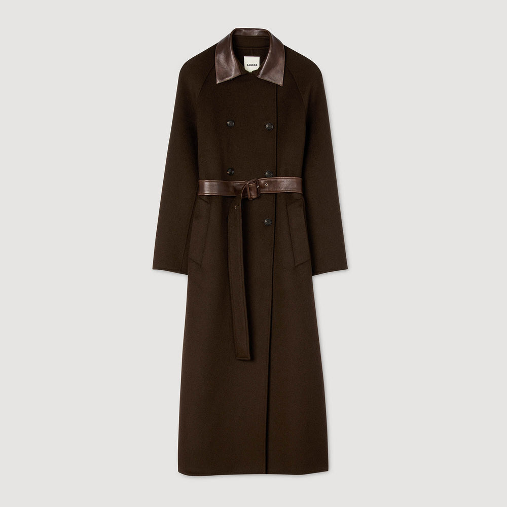 Long wool and leather coat Brown Sandro Women