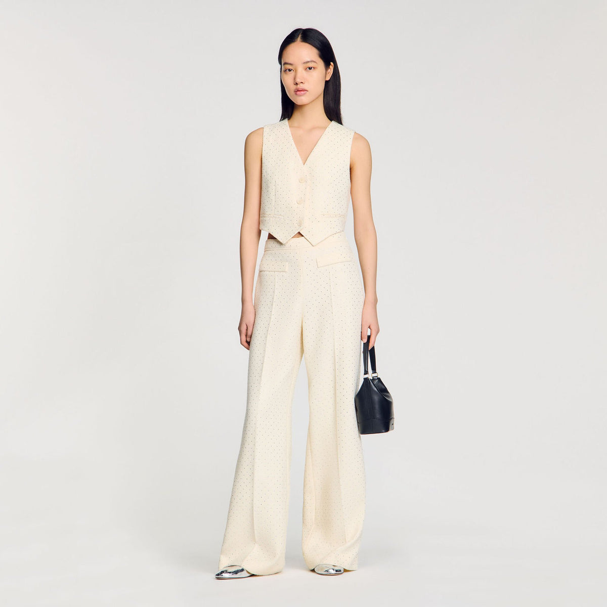 Tweed rhinestone-covered trousers Ecru Sandro Women