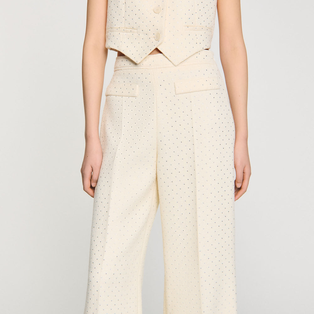 Tweed rhinestone-covered trousers Ecru Sandro Women