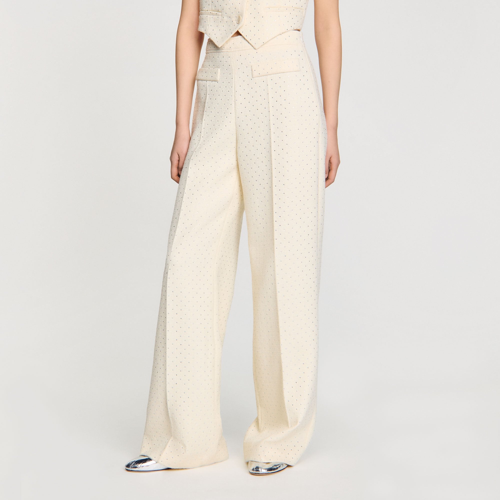Tweed rhinestone-covered trousers Ecru Sandro Women