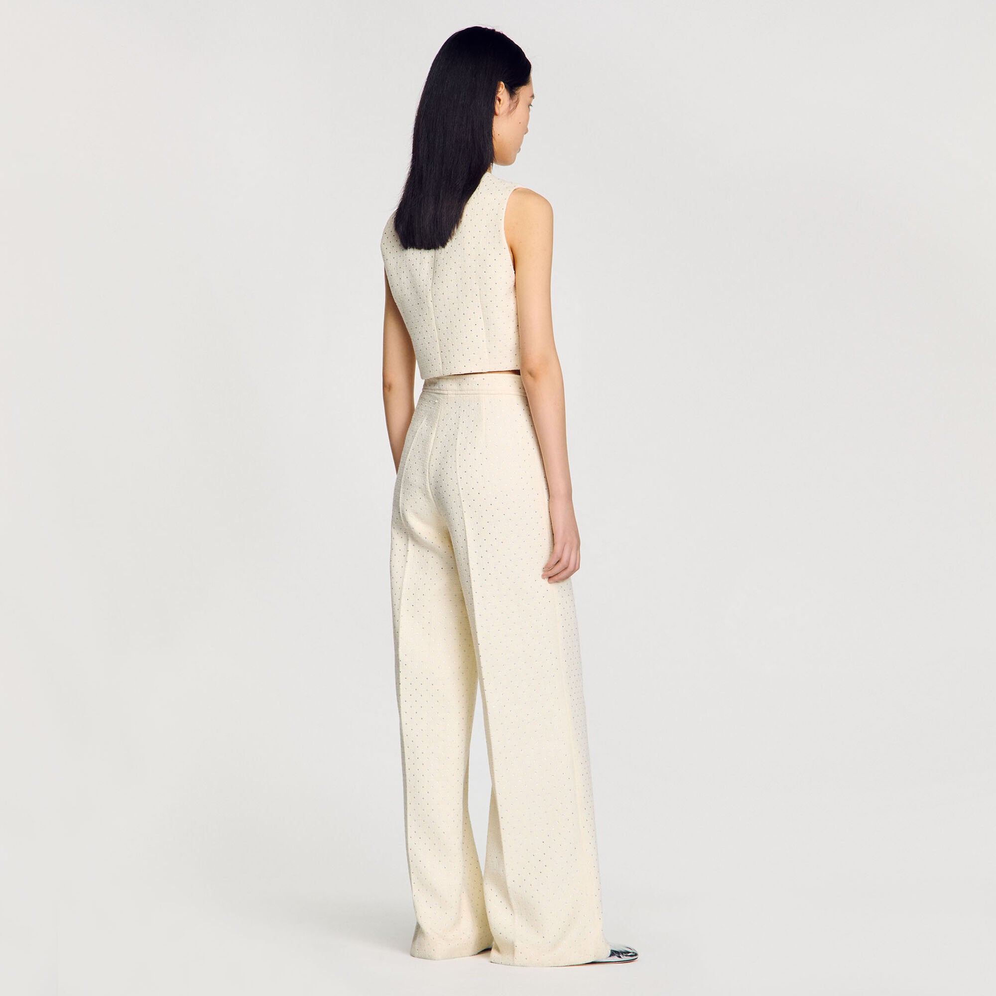 Tweed rhinestone-covered trousers Ecru Sandro Women