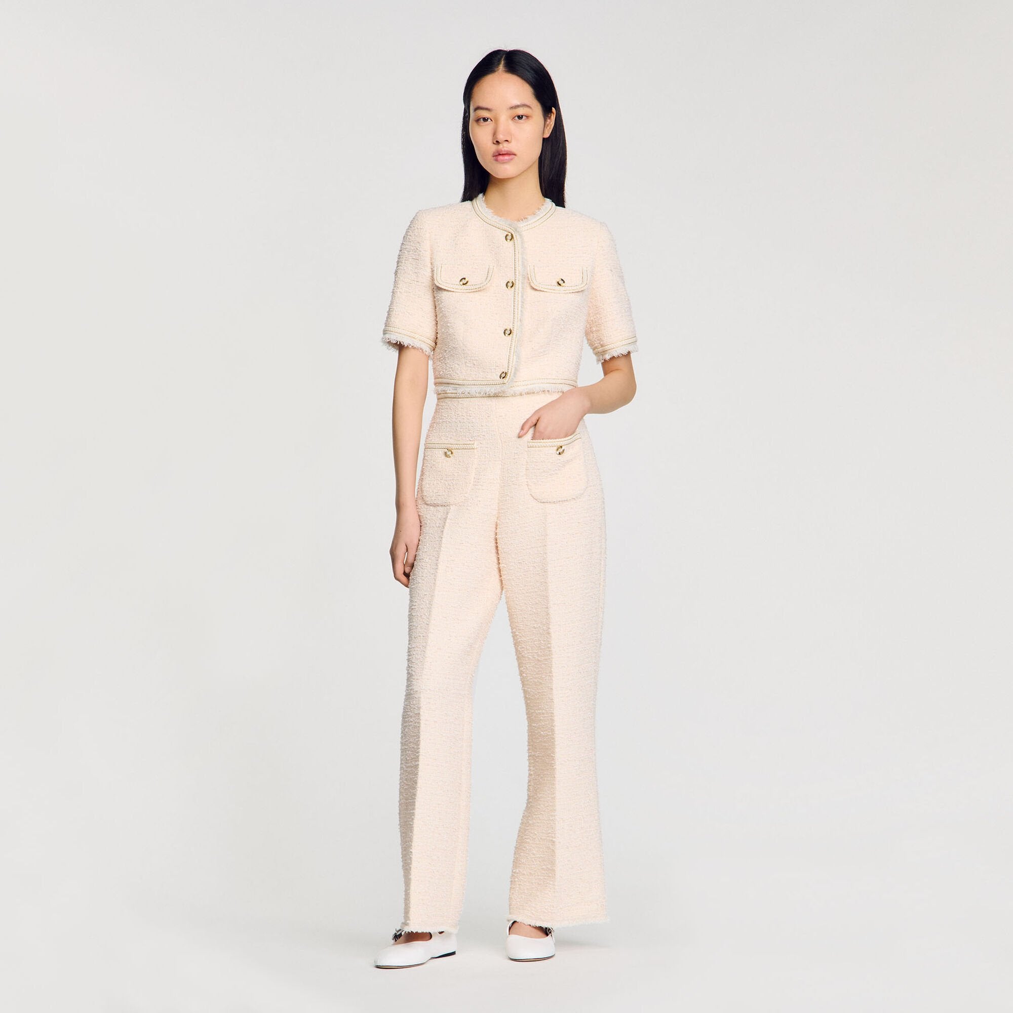 Decorative tweed trousers Ecru / Pink Sandro Women