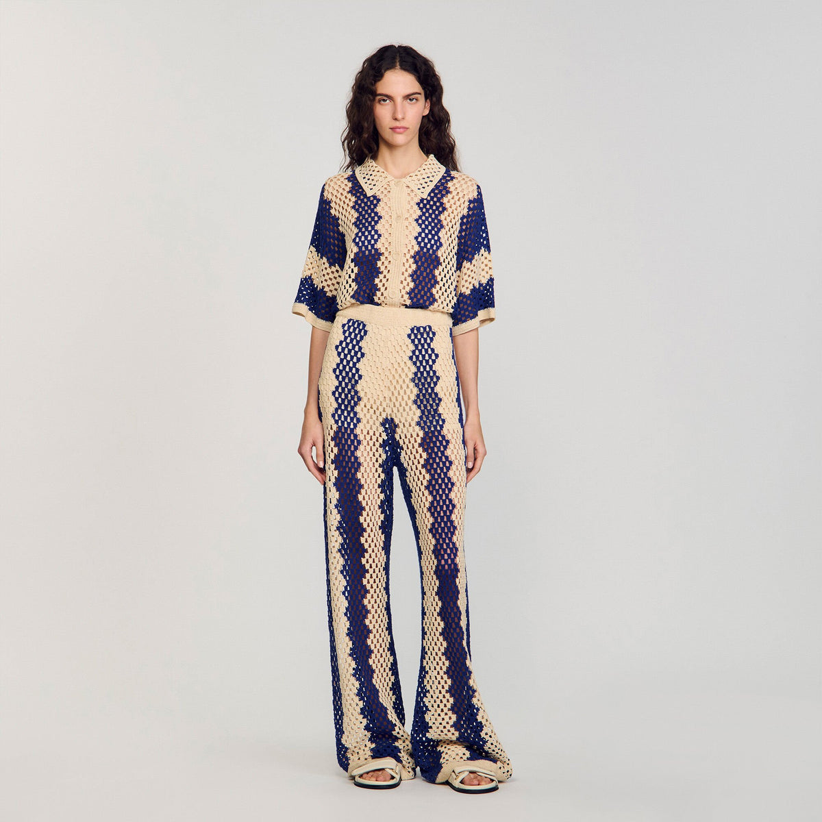 Two-tone open weave pants Blue / Ecru Sandro Women