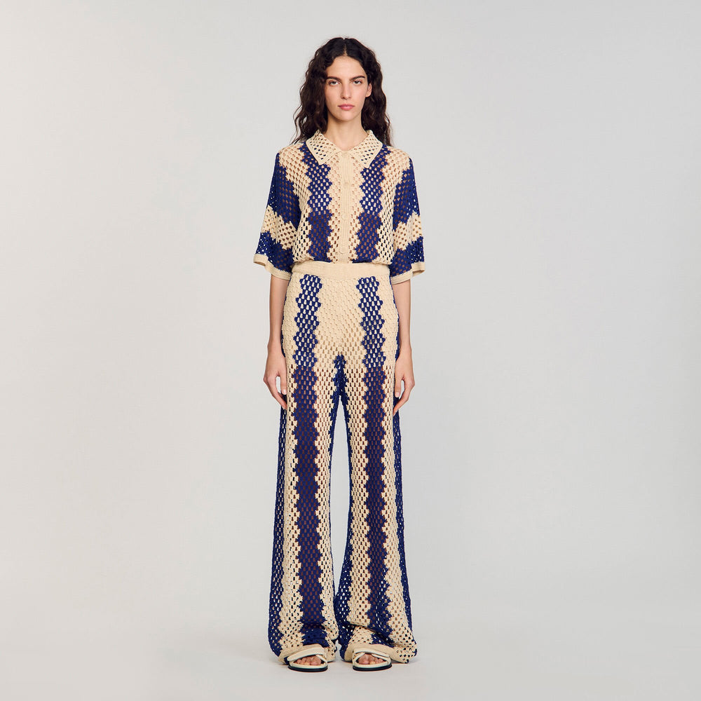 Two-tone open weave pants Blue / Ecru Sandro Women