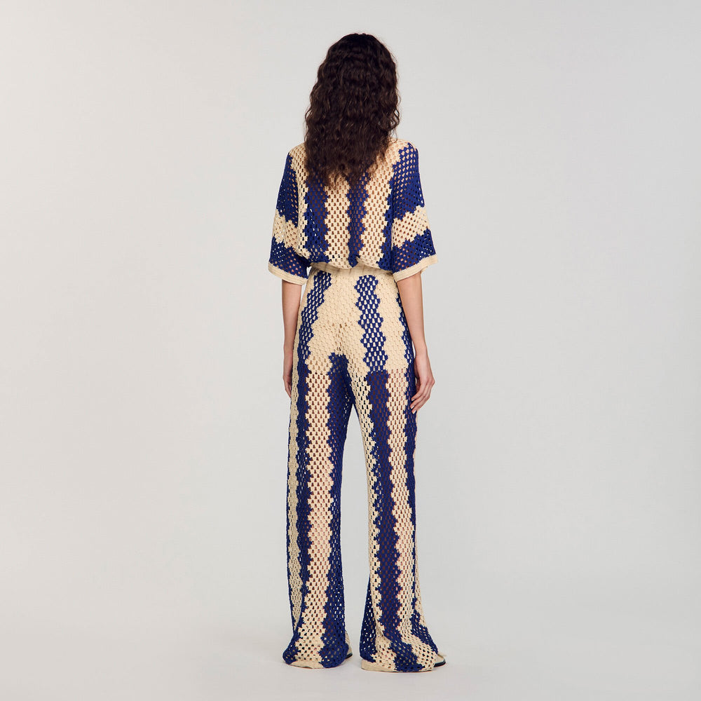 Two-tone open weave pants Blue / Ecru Sandro Women