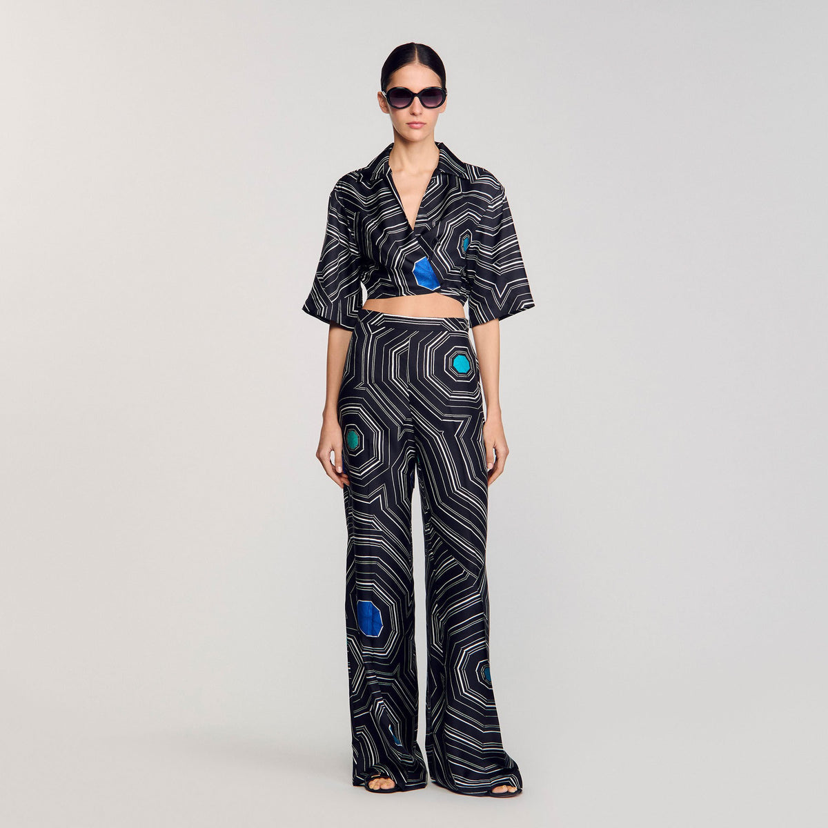 Spiral-print silk trousers Black Sandro Women