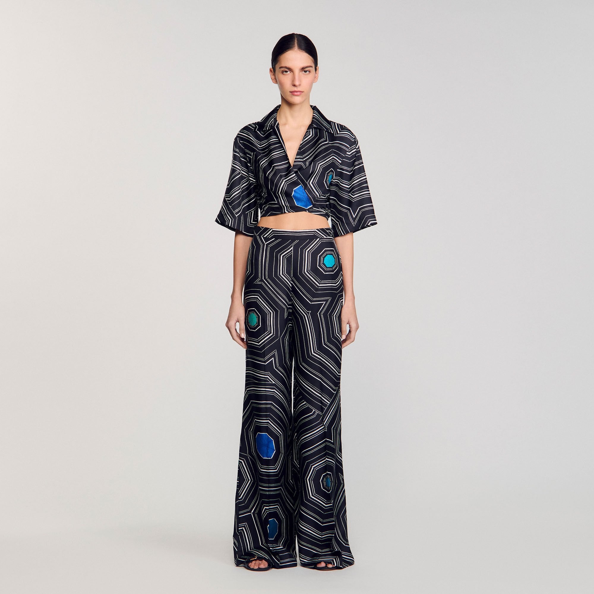Spiral-print silk trousers Black Sandro Women
