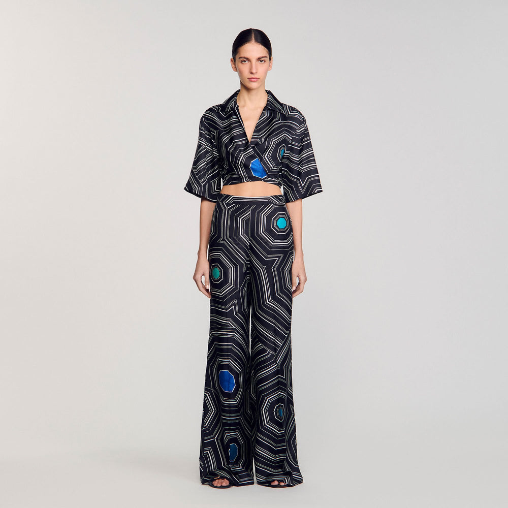 Spiral-print silk trousers Black Sandro Women