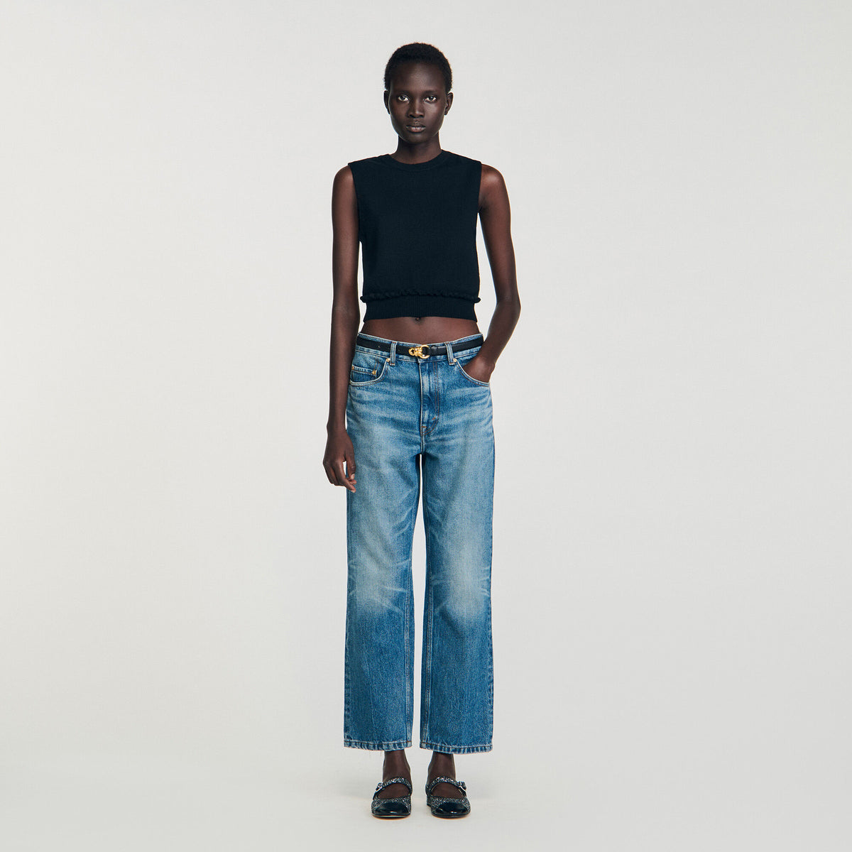 Ruffled cropped sweater Black Sandro Women