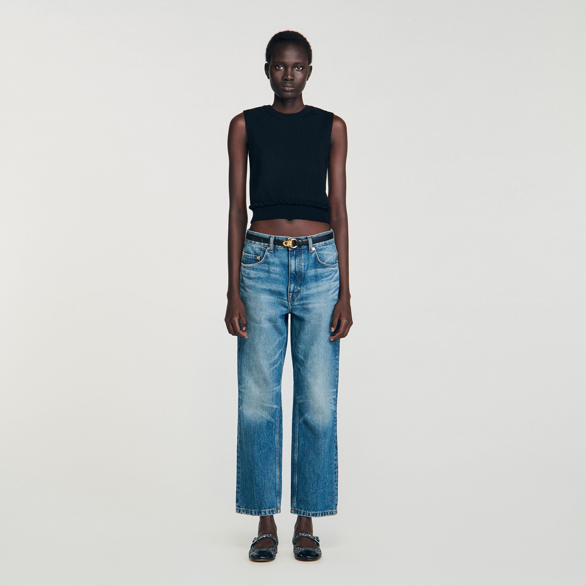 Ruffled cropped sweater Black Sandro Women