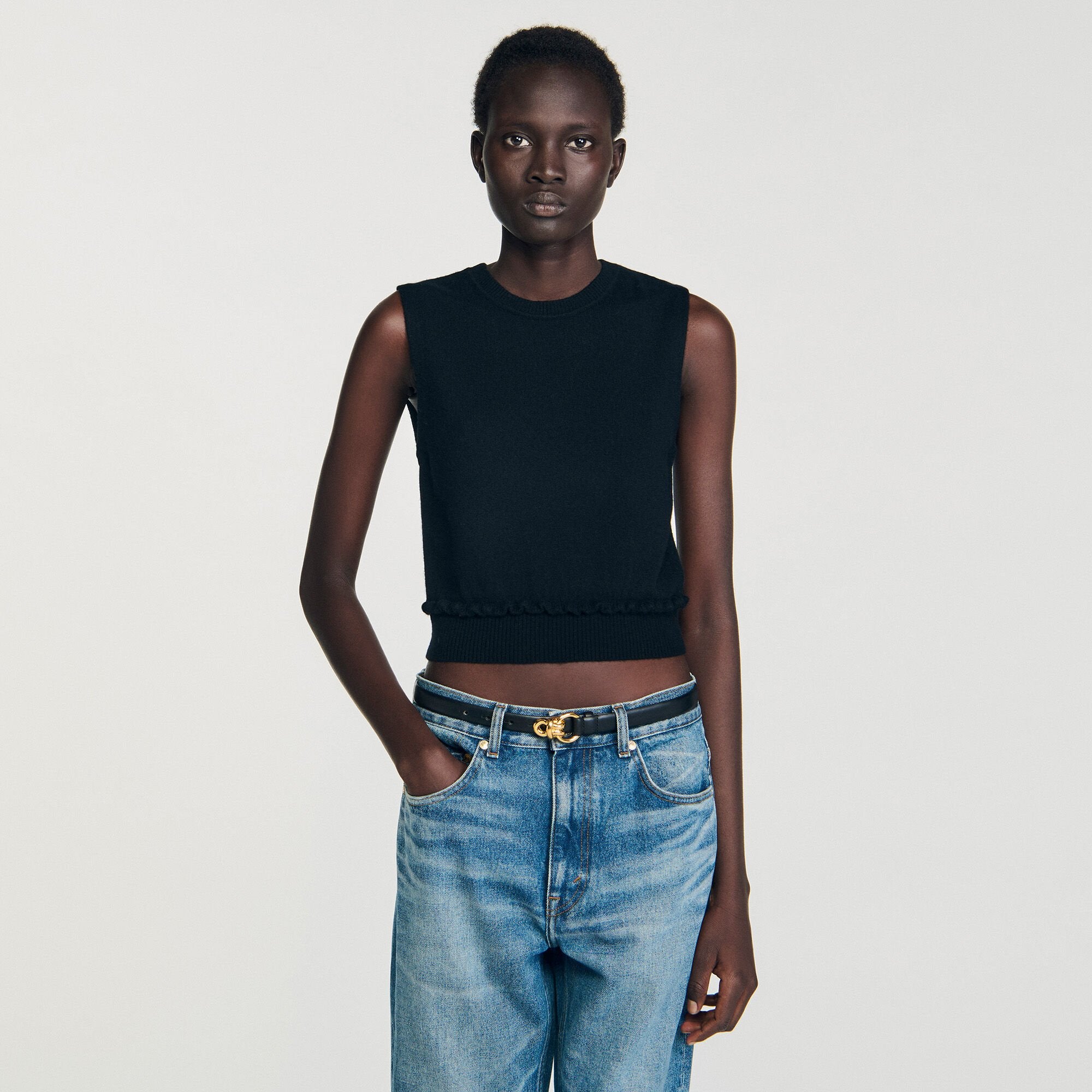 Ruffled cropped sweater Black Sandro Women