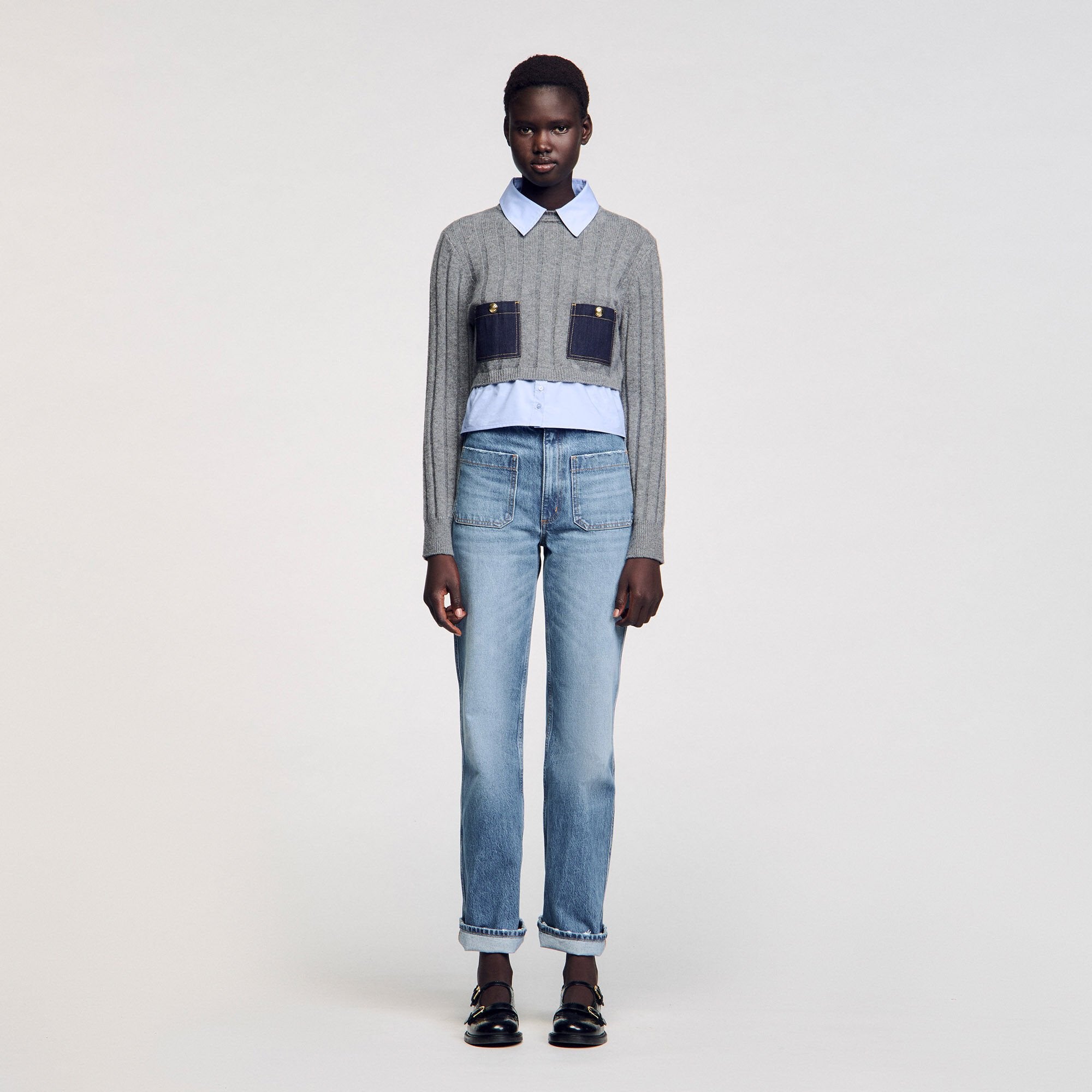 Cropped wool and cashmere sweater Grey Sandro Women