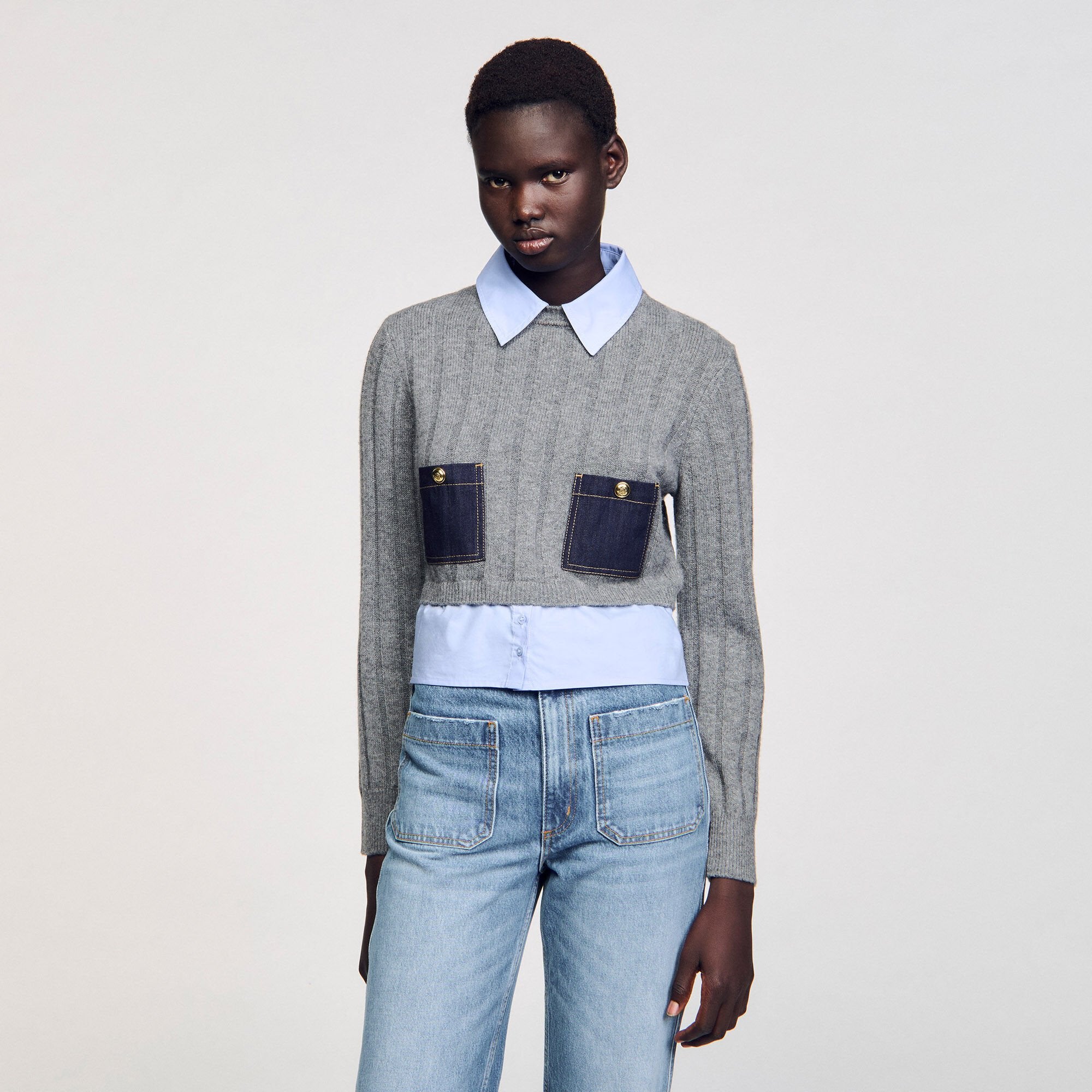Cropped wool and cashmere sweater Grey Sandro Women