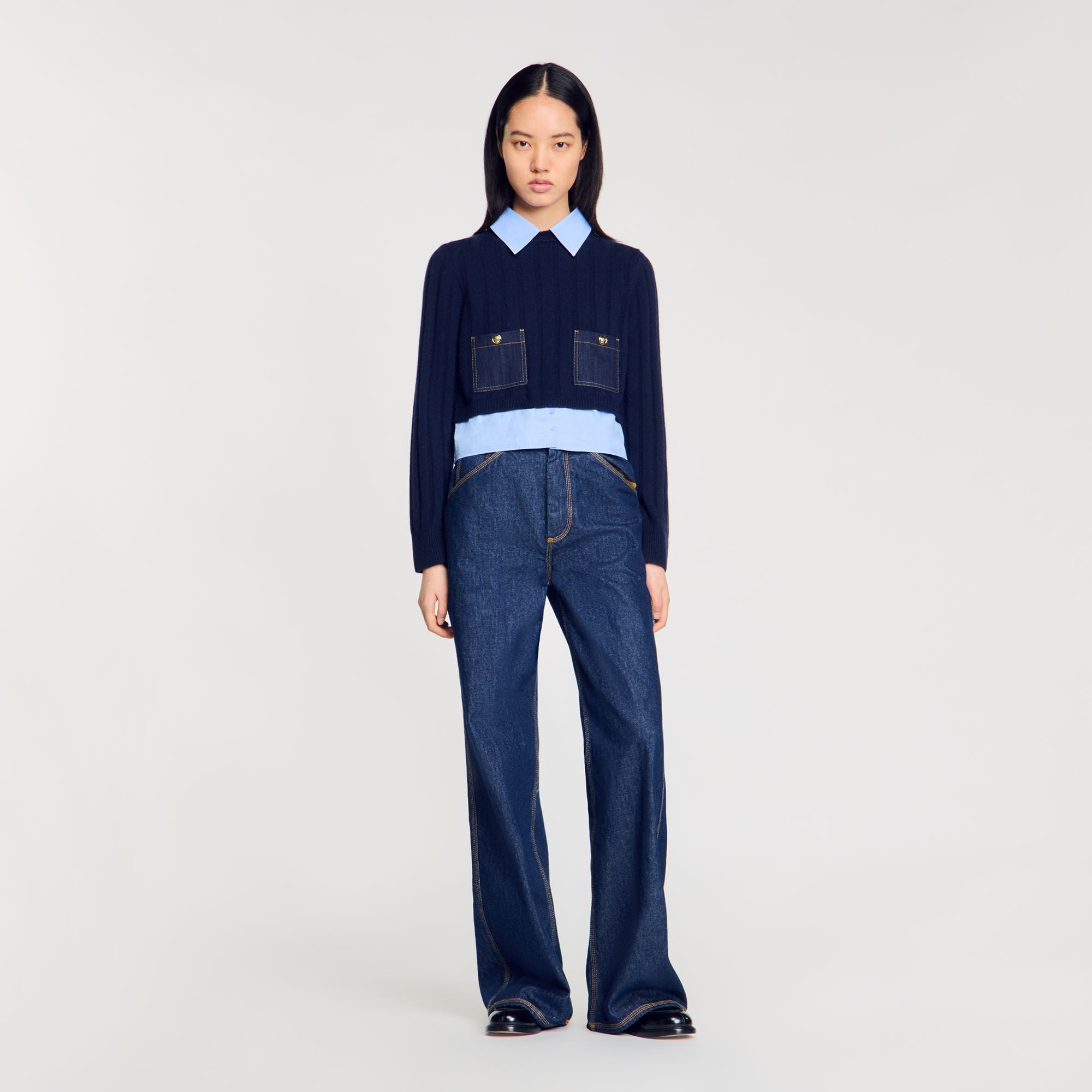 Cropped wool and cashmere sweater Navy Blue Sandro Women