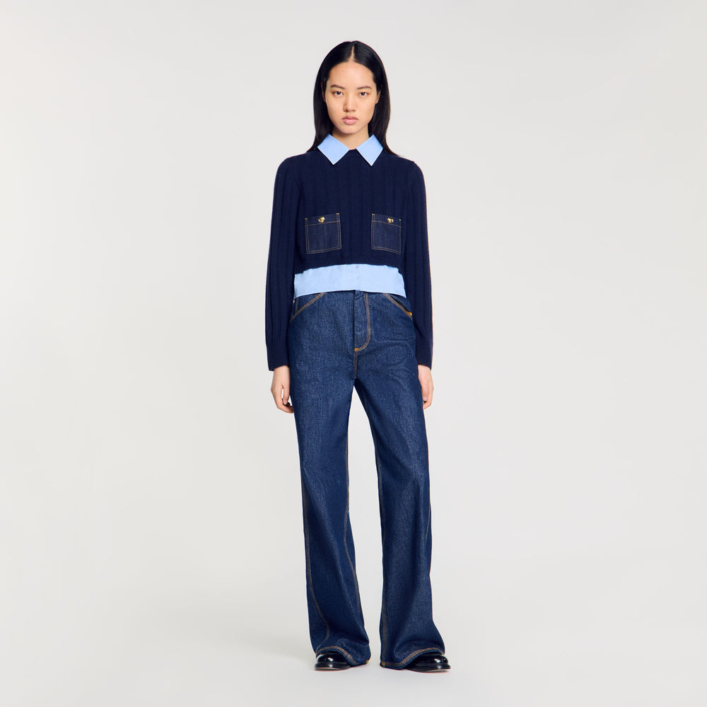 Cropped wool and cashmere sweater Navy Blue Sandro Women