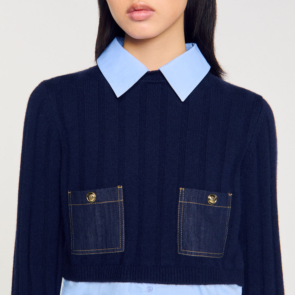 Cropped wool and cashmere sweater Navy Blue Sandro Women
