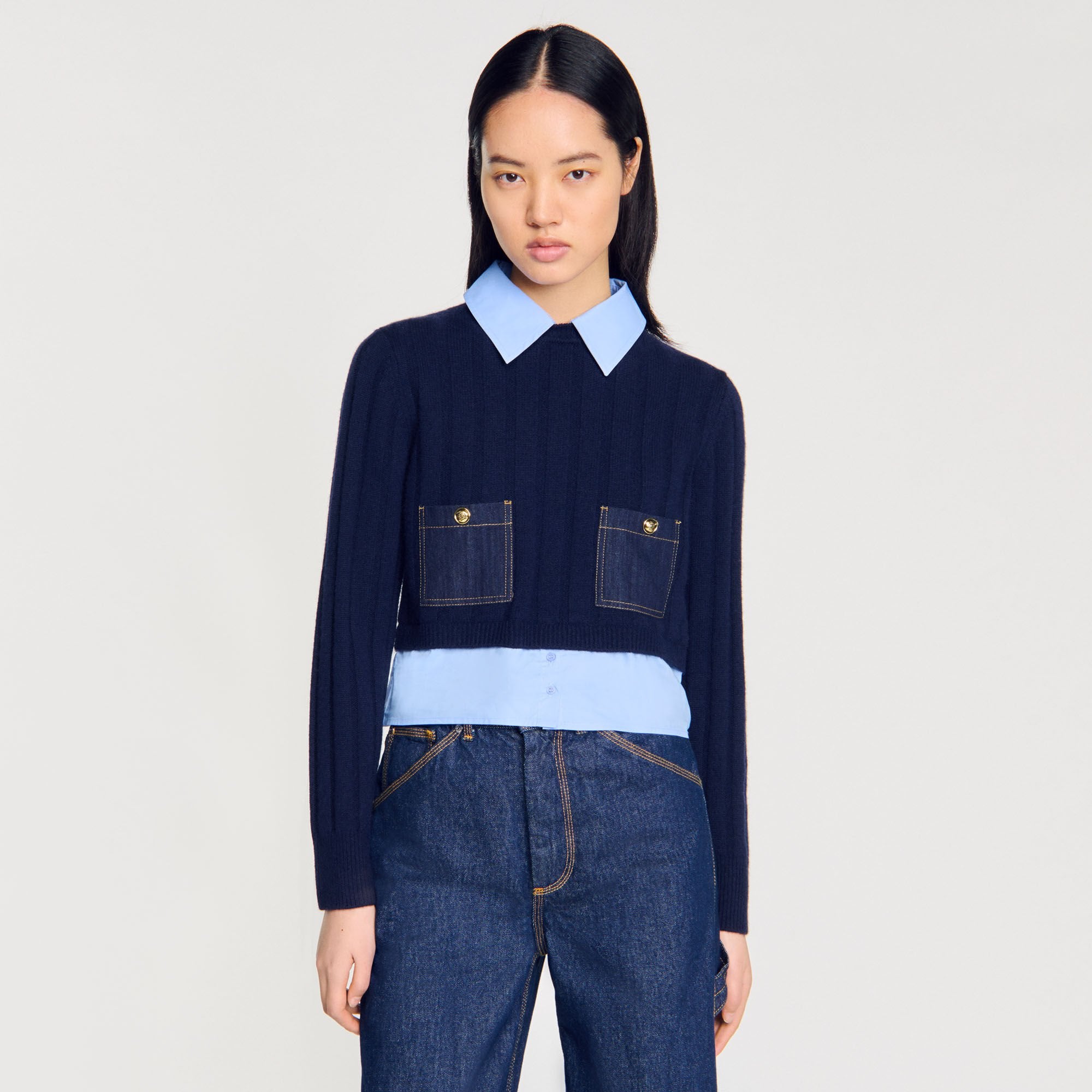 Cropped wool and cashmere sweater Navy Blue Sandro Women